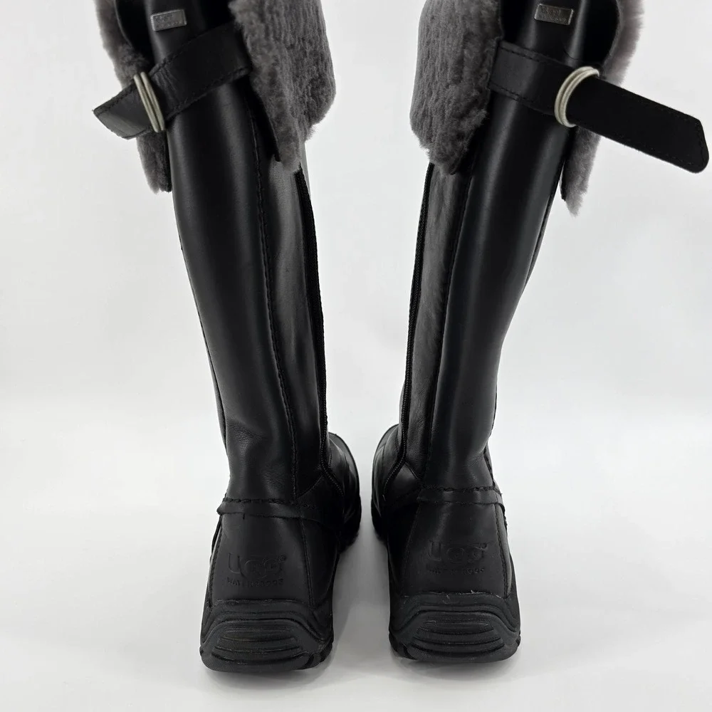 UGG Miko Tall Boot Womens Waterproof Leather Sheepskin Black 1012519 Sz 10